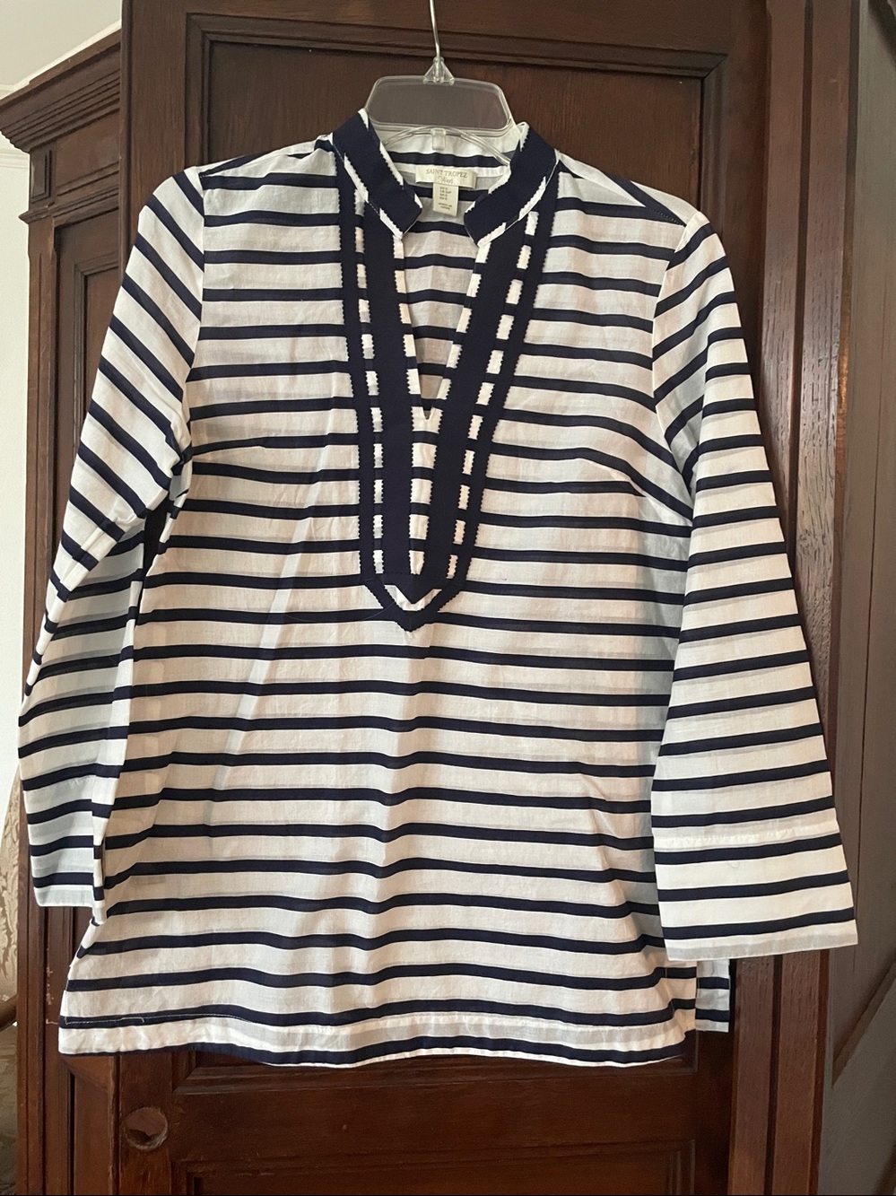 St. Tropez West Pure Cotton Tunic Blouse Top Navy White Stripe nwot